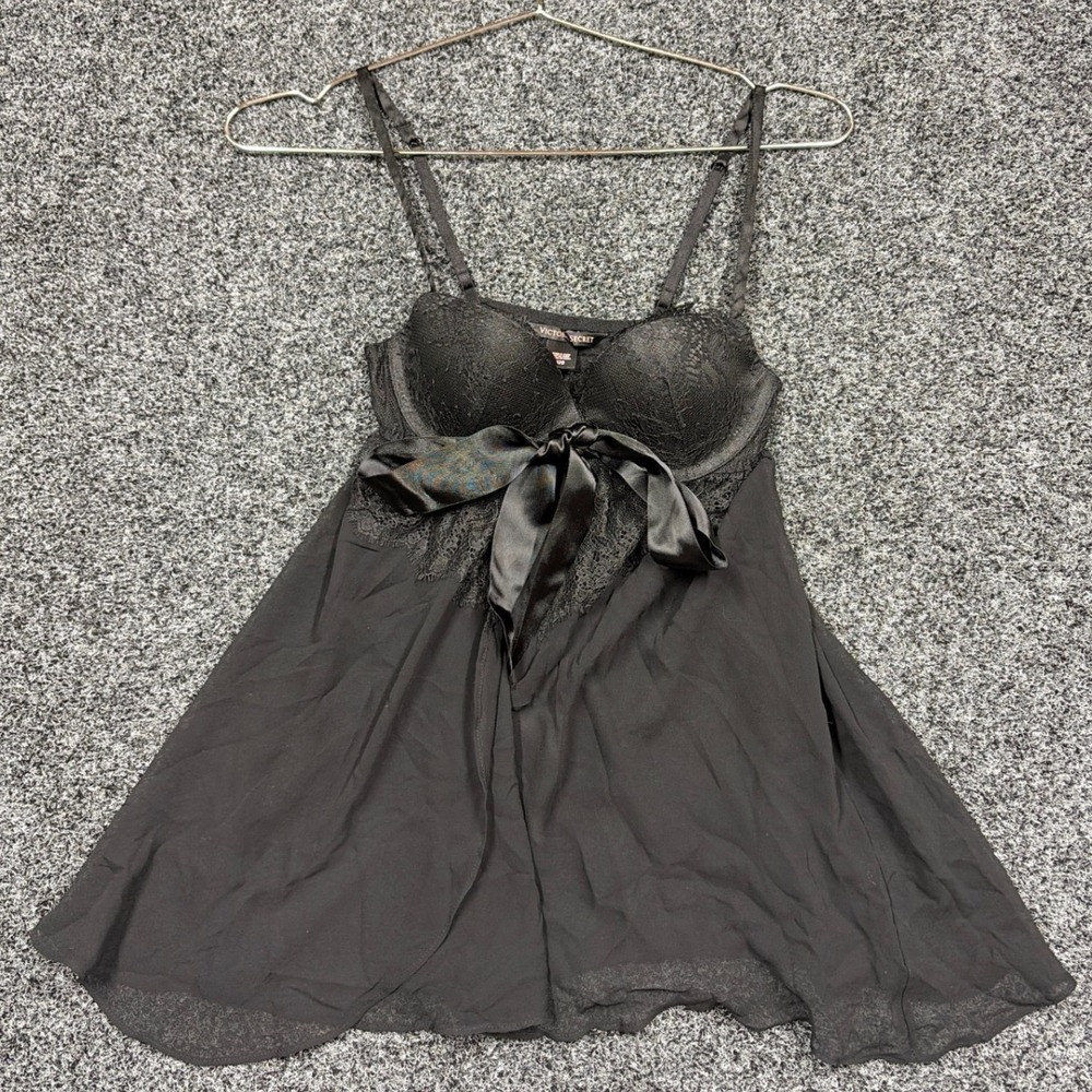 Victoria Secret Babydoll Women 32B Black Lace Underwire Bow Lingerie Slip Goth